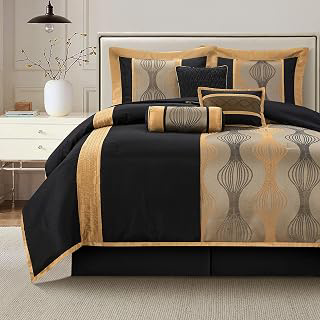 LANCO MODERN LIFESTYLE King Comforter Set, Black Gold, 7 Pieces Bed in a Bag, Ultra Soft Jacquard with Solid Piecework, Luxury Bed Set with: Jacquard Weave and Production Notes