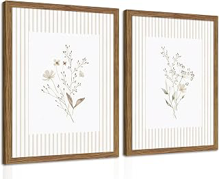 Neutral Wildflower Wall Art Set of 2, Vintage Flower Botanical Wall Decor Painting, Rustic Cottagecore Striped Floral Prints Pictures for Living: Print Design and Production Notes