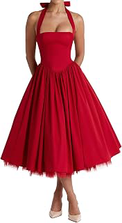 Women Halter Midi Dress Corset Back Layered Tulle Skirt A Line Formal Dresses Wedding Guest Bridal Shower: Jacquard Weave and Production Notes