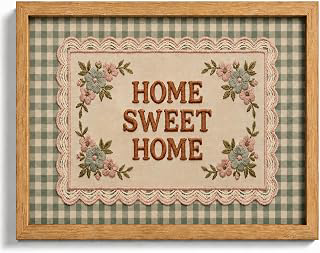 Farmhouse Home Sweet Home Framed Wall Art, Embroidered Style Green Gingham Decor, Cozy Cottagecore Floral Print for Living Room Entryway, Solid: Print Design and Production Notes