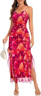 Women's Summer Floral Wedding Guest Spaghetti Strap Maxi Long Mesh Ruched Slit Beach Dress: Ombre Dyeing and Production Notes