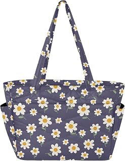 Floral Flowers Daisies Blue Print Quilted Tote Bag for Women Puffer Totes with Zippers Shoulder Bag for Travel Gym Work: Print Design and Production Notes