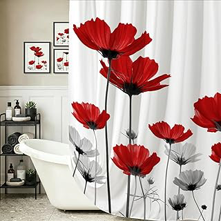 Coxila Red Floral Shower Curtain, Modern White Grey Poppy Botanical Flower Print, Vintage Wildflower Plant Polyester Fabric Bath Decor for: Print Design and Production Notes