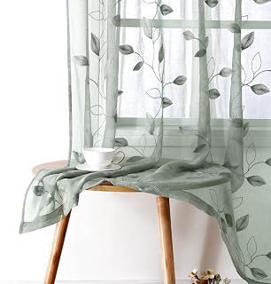 HOMEIDEAS Sage Green Sheer Curtains Leaf Embroidered, 52x84 Inch, 2 Panels: Print Design and Production Notes
