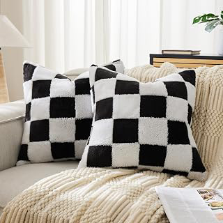 Ohocut Checkered Jacquard Shag Throw Pillow Covers, Pack of 2 Fluffy Black White Cute Decorative Aesthetic Soft Checkered Throw Pillow Cases for: Jacquard Weave and Production Notes