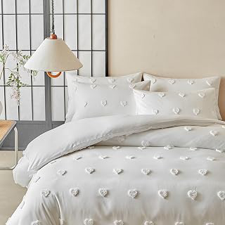 vctops Boho White Duvet Cover Queen Size 3 Pieces, Heart Jacquard 1 Comforter Cover and 2 Pillow Shams, Prewashed Extra Soft Bedding Set with: Jacquard Weave and Production Notes