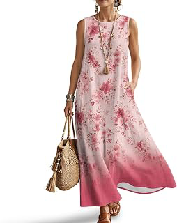Women's Sleeveless Printed Sundress, Round Neck Loose Flowy Casual Dress with Pockets Summer Beach Vacation Dress: Ombre Dyeing and Production Notes