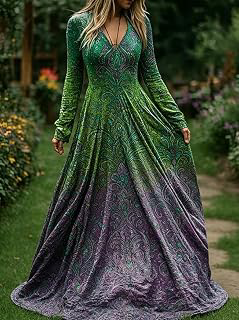 Women's Ombre Paisley Flowy Maxi Dress, V Neck Long Sleeve Boho Dress: Ombre Dyeing and Production Notes