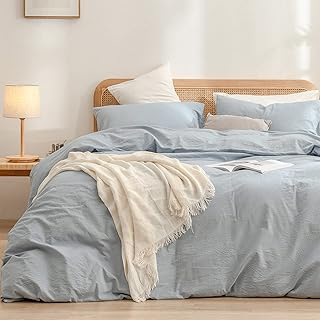 BESTOUCH Cotton Solid Duvet Cover Set Linen Feel Cornflower Blue Queen: Jacquard Weave and Production Notes