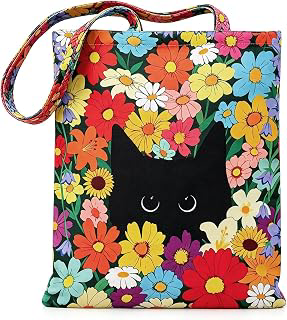 Yivona Black Cat Canvas Tote Bag 100% Cotton Gifts for Women Cat Lovers: Print Design and Production Notes