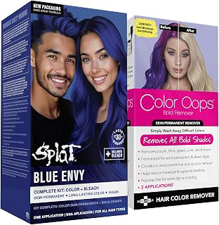 Splat Blue Envy Semi Permanent Hair Dye Kit + Color Oops Bold Remover Bundle, Bleach Kit + 2 Applications of Direct Dye Remover, Vegan & Cruelty: Ombre Dyeing and Production Notes
