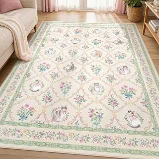 Cat Rug 5x7, Washable Floral Area Rug for Girls Bedroom, Cute Cat Rug for Nursery, Playroom, Dorm Room, Soft Non Slip Low Pile Carpet Cream Sage: Print Design and Production Notes