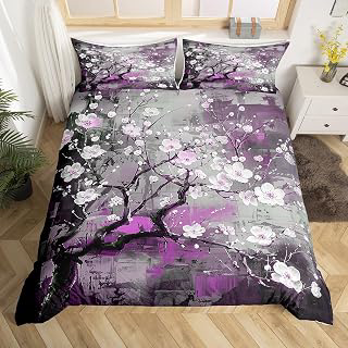 White Floral Duvet Cover Queen Size,Purple Gray Marble Comforter Cover with 2 Pillowcase for Adults,Kids Abstract Art Bedding Set,Modern Simple: Jacquard Weave and Production Notes