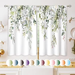 Eucalyptus Botanical Leaves Floral Kitchen Window Curtains Over Sink Boho Farmhouse Flower Leaf Small Window Treatment Sage Green Cafe Short: Print Design and Production Notes