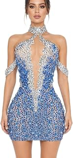 Women Sheer Mini Dress Blue Rhinestone Crystal Club Party Dresses: Ombre Dyeing and Production Notes