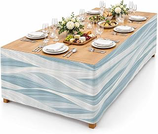 9Ft Table Skirt, White Blue Ombre Stripe Table Skirt for Rectangle Tables & Round Tables, Decorative Desk Skirts, Modern Abstract Moire Waves: Ombre Dyeing and Production Notes