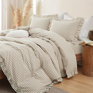 Taupe Gingham Ruffle Duvet Cover Queen Size 3 Piece: Jacquard Weave and Production Notes