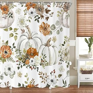 Fall Watercolor Pumpkin Shower Curtain, Autumn Thanksgiving Harvest Pumpkins with Floral Bathroom Curtain Bathtub Home Decor Waterproof Fabric: Print Design and Production Notes