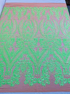 New Creations Fabric & Foam Inc, Empire Damask Design with Sequins Embroider On A 4 Way Stretch Mesh Fabric (1 Yard, Green Hologram on Nude Mesh): Fabric Sourcing and Quality Notes