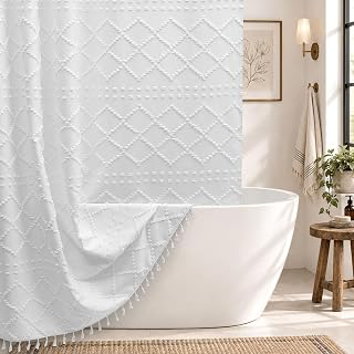 White Boho Shower Curtain Fabric Shower Curtains with Tassel 72 x 72 Modern Textured Shower Curtain Farmhouse Minimalist, Tufted Chevron Striped: Jacquard Weave and Production Notes
