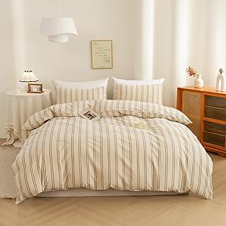 ECOCOTT Cotton 3 Pcs Duvet Cover Set Linen Feel Dark Green Stripe Queen: Jacquard Weave and Production Notes