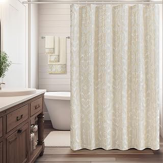 Loom and Mill Textured Fabric Shower Curtain Set Damask Design, Beige Gold: Jacquard Weave and Production Notes