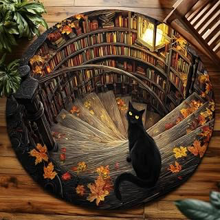 Faux 3D Illusion Black Cat Round Rug for Book Lovers Library Theme Floor Mat Cat Hole Design Black Rug 3D Illusion Round Library Book Lover: Jacquard Weave and Production Notes