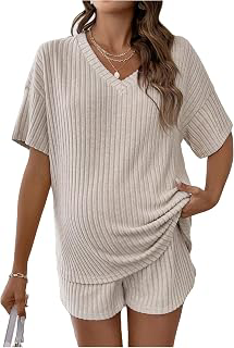 MakeMeChic Women's Maternity 2 Piece Sets Ribbed Shirt and Biker Shorts: OEM Production and Sizing Notes