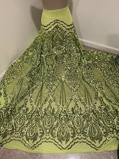 Lime Green Sequin Lace Fabric on Mesh, Damask Pattern, Stretch, for Gowns and Formal Wear 50