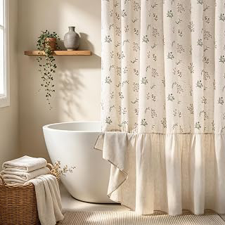 Yinhua Farmhouse Shower Curtain, Linen Floral Shower Curtain, 72