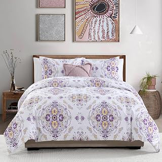Damask Duvet Cover Set Queen Size, Purple White, 100% Cotton, 90