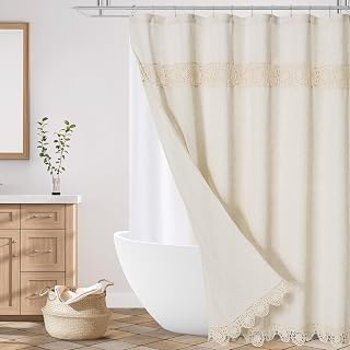 Gibelle Boho Farmhouse Shower Curtain Set, Linen Cotton Fabric Shower Curtain with Macrame Lace Decor, Modern Bohemian French Country Chic: Jacquard Weave and Production Notes