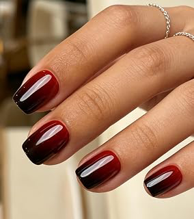 Artquee Press on Nails Short Red Black Ombre Square False Tips Glossy Reusable Fake Stick on Nails Kit for Women - 30 PCS 15 Sizes: Ombre Dyeing and Production Notes