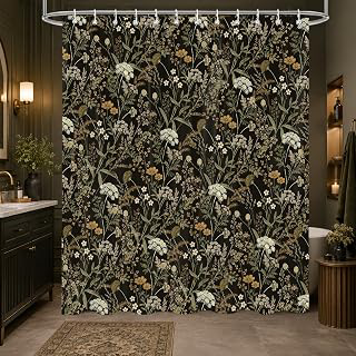 Dark Botanical Shower Curtain 72x72 Inch, Vintage Wildflower Floral Herbs Boho Retro Meadow Plant Pattern Waterproof Fabric with 12 Hooks: Jacquard Weave and Production Notes