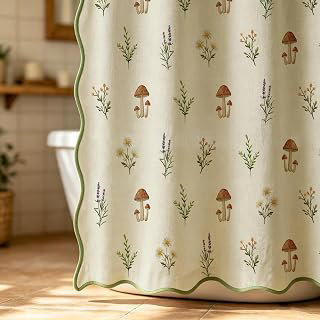 Scalloped Linen Shower Curtain Mushroom, 72x72 in, Cottagecore Plant: Jacquard Weave and Production Notes