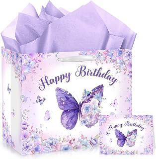 LUUFILx Butterfly Birthday Gift Bag for Girls Women Butterfly Flower Party Favor Bags with Wrapping Paper Card Purple Pink Floral Gift Bag for: Print Design and Production Notes