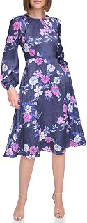 Women's Floral Poet Sleeve Midi Dress - Satin Jacquard Boat Neck Dress: Jacquard Weave and Production Notes