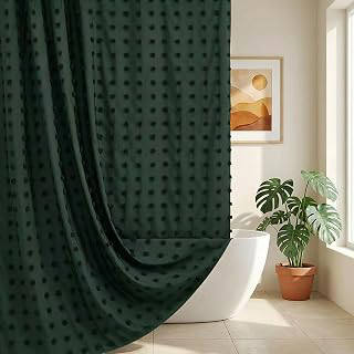 Boho Farmhouse Dark Green Shower Curtain Woven Fabric Shower Curtain, 72 x 72 Tufted Pleat Floral Puffs Textured Modern Farmhouse Minimalist: Jacquard Weave and Production Notes