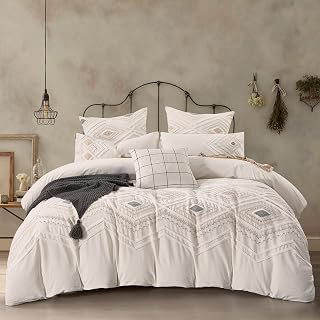 Off White Breathable Tufted Cotton Boho Duvet Cover King Set 104x90'': Jacquard Weave and Production Notes
