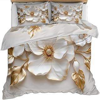 Queen Size Duvet Cover Set, Relief Gold Leaf Florals Print Duvet Cover, Florals Relief Comforter Cover, Luxurious White Flowers Bedding: Print Design and Production Notes