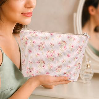 Corduroy Makeup Bag, Large Capacity Floral Cosmetic Pouch, Portable Toiletry Bag, Multifunctional Storage Organizer for Women (Light Pink Floral: Print Design and Production Notes