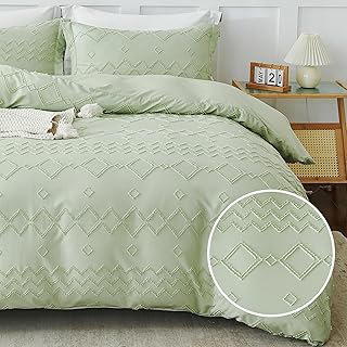 EMME Boho Duvet Cover Queen Size Sage Green - 3 Pieces Soft & Breathable Tufted Shabby Chic Embroidery Bedding for All Seasons, 1 Duvet Cover: Jacquard Weave and Production Notes