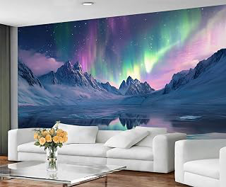 Northern Lights Wall Murals - Ombre Aurora Mural Wallpaper, Mountain Mural Wallpaper, Landscape Wall Murals for Living Room Bedroom - 196