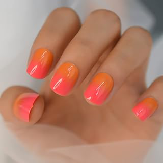 Ombre Fake Press On Nails Short French Manicure Set Orange Red Bright Cute Artificial Nails For Student Office Women: Ombre Dyeing and Production Notes