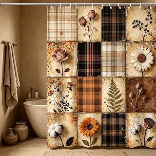 Boho Patchwork Floral Plaid Shower Curtain, Rustic Fall Botanical Print, Farmhouse Style Bathroom Decor Waterproof Fabric Shower Curtains Sets: Print Design and Production Notes