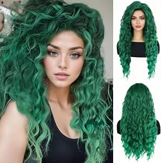 Long Curly Wavy Green Wig for Women Natural Ombre Fluffy Synthetic Hair for Costume Cosplay Halloween Party: Ombre Dyeing and Production Notes