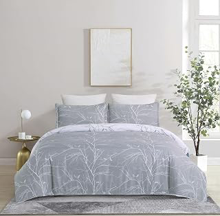 Vaulia Microfiber Duvet Cover Set King, Light Grey Branch: Jacquard Weave and Production Notes