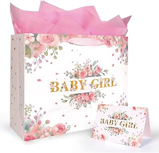 13'' Large Pink Floral Gift Bag for Baby Girl - Includes Wrapping Paper, Pink Tissue Paper, and Card for Newborn Gifts, Showers, Birthdays, and: Print Design and Production Notes