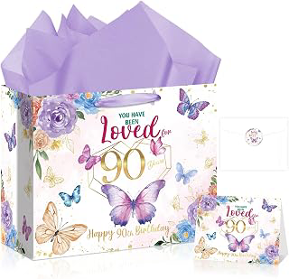 90th Birthday Gifts for Women Floral Butterfly 90th Birthday Gift Bag with Purple Wrapping Paper Card Sticker Envelope for Mom Grandma Cheers to: Print Design and Production Notes