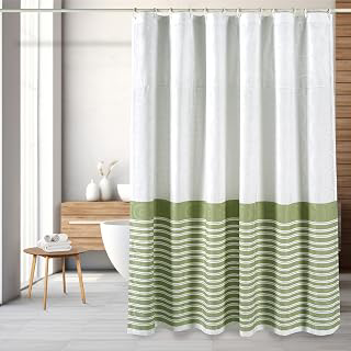 Threadmill Cotton Shower Curtain, Stripe, Sage, 1-Piece, Jacquard Pattern: Jacquard Weave and Production Notes